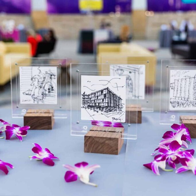 Sketches of local architecture are displayed on a table that is decorated with orchid petals.