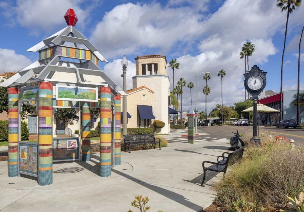 A vibrant, mosaic gazebo stands in the center of Downtown La Mesa