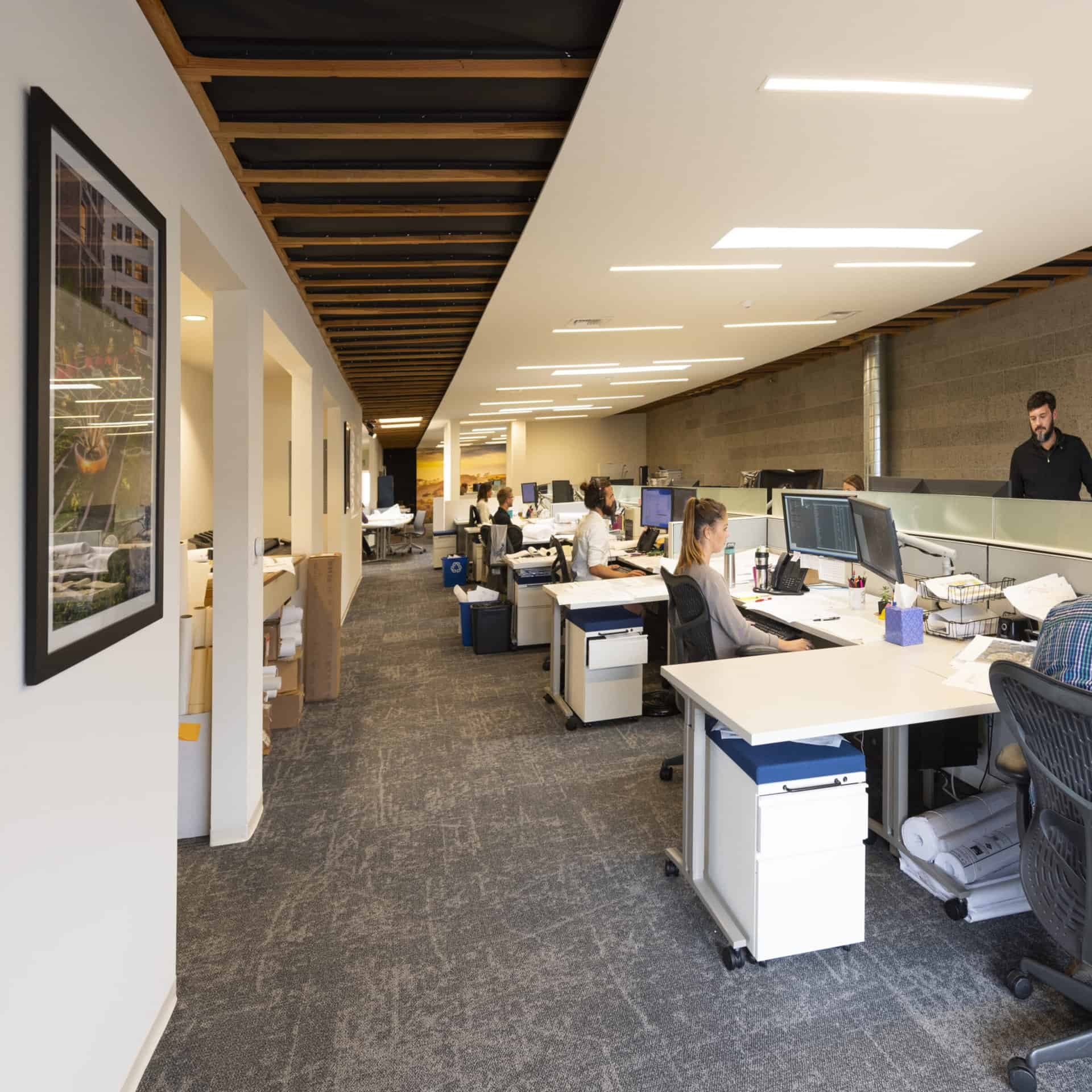 Modern office interior, with an open floor plan.